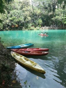 Caiaques coloridos em lagoa cercada de verde