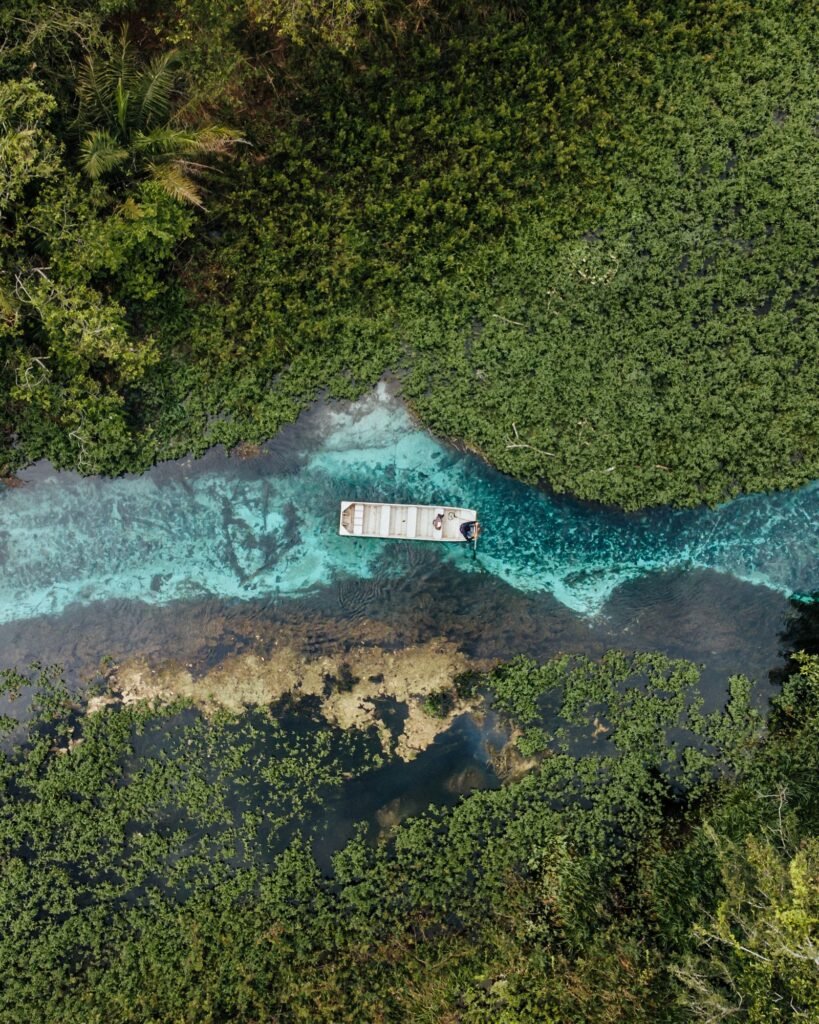 Vista aérea de bote em rio de águas azuis cercado por vegetação em Bonito, Mato Grosso do Sul
