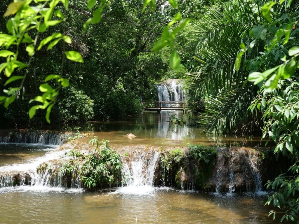 Cachoeira de águas claras caindo entre vegetação exuberante