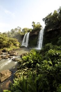 Cachoeira caindo de paredao em floresta tropical