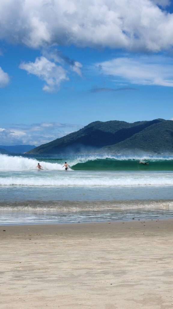 Surfistas nas ondas em praia de Florianópolis