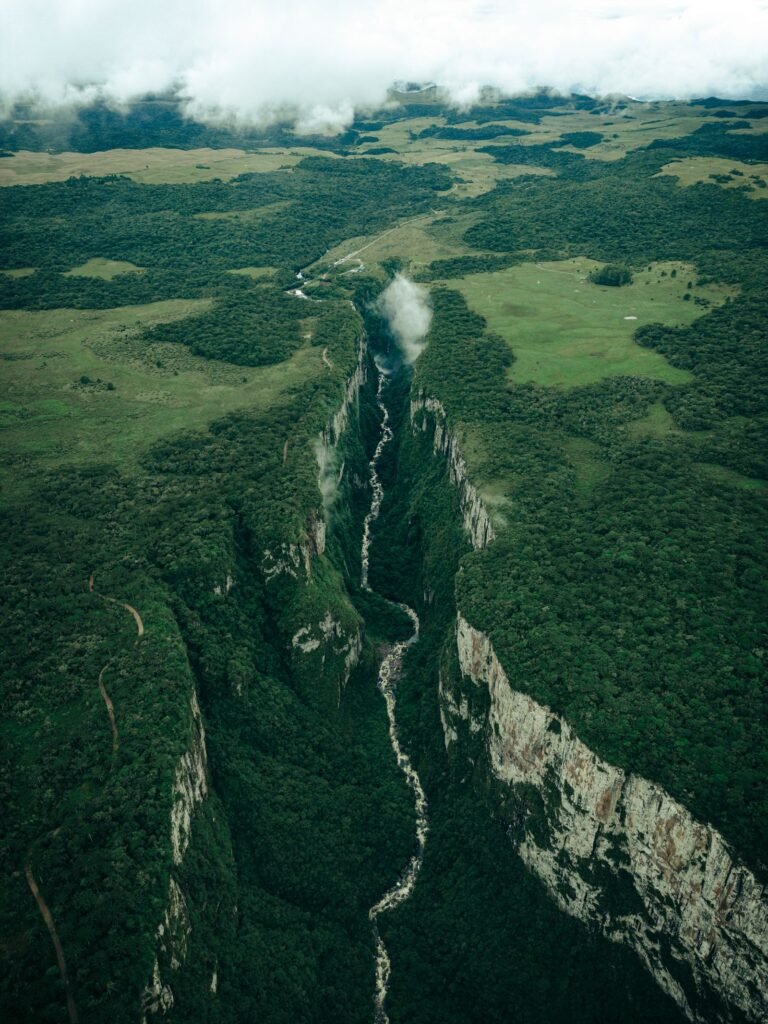 Vista aérea do cânion Itaimbezinho com paredões verdes