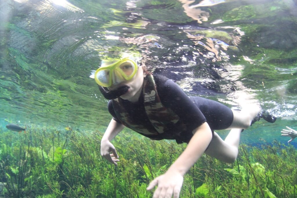 Pessoa de snorkel flutuando em água transparente em Bonito, Mato Grosso do Sul