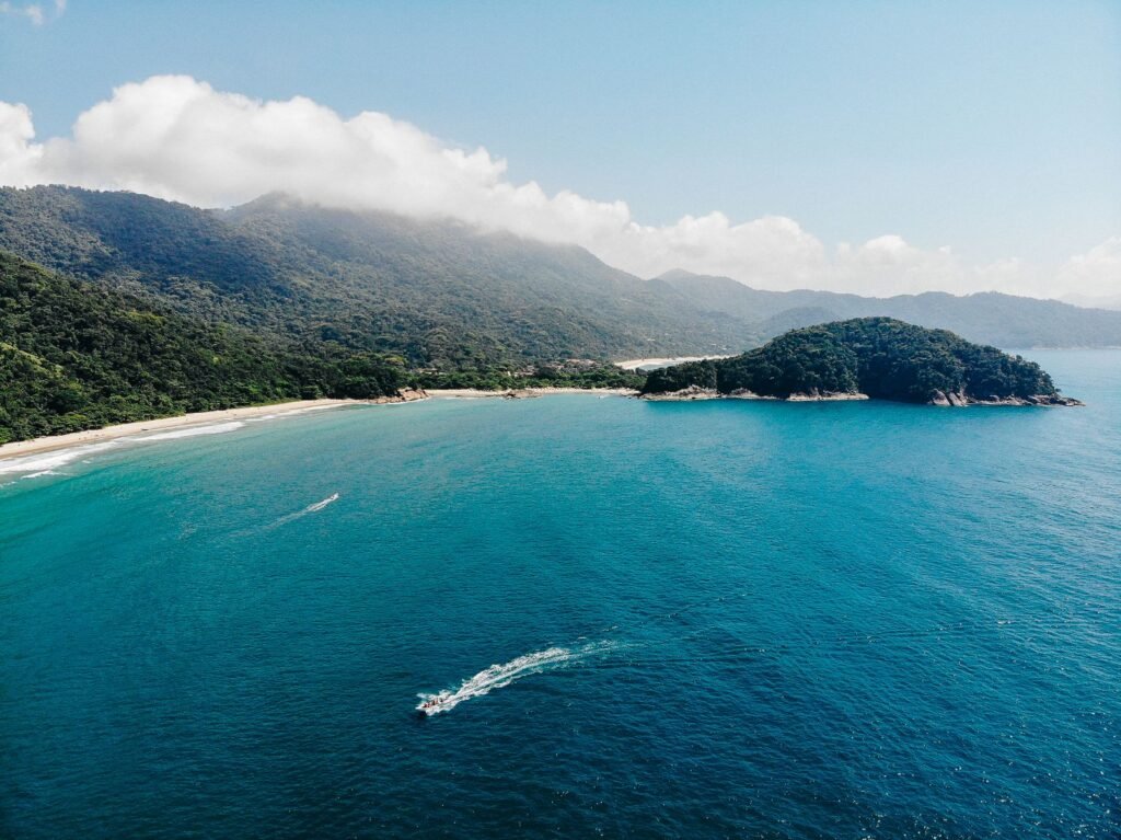 Vista aérea de praia selvagem cercada de Mata Atlântica na Ilha Grande