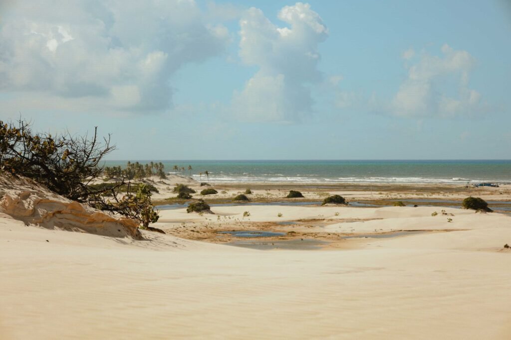Praia deserta com areia e poças na maré baixa