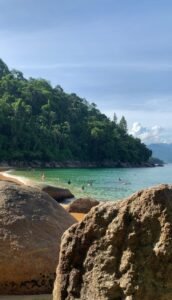 Praia de águas claras e vegetação em Ubatuba