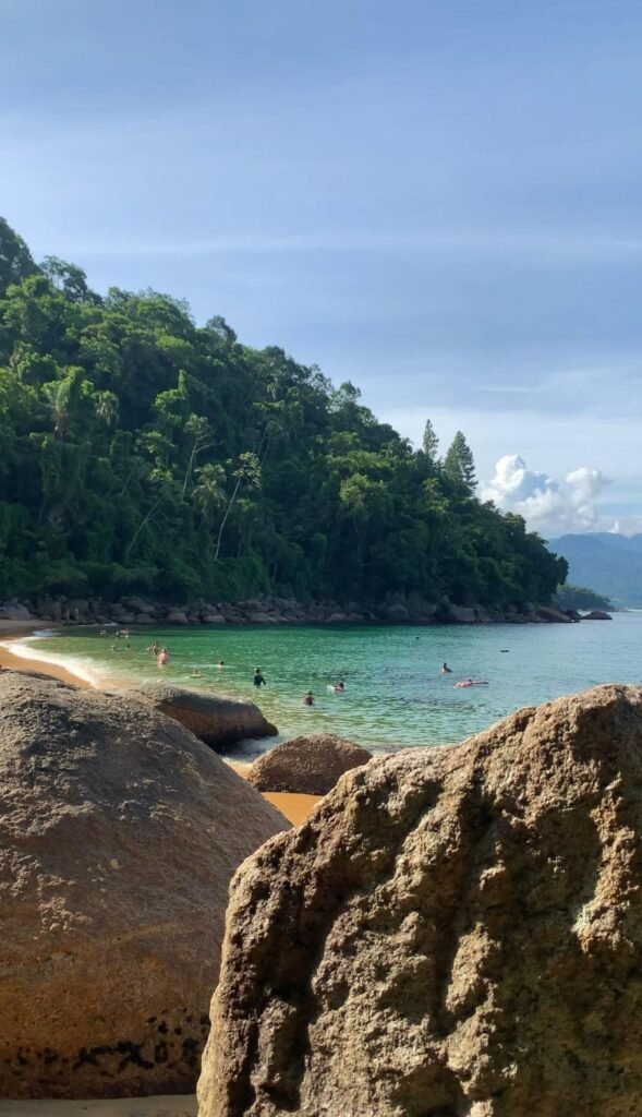 Praia de águas claras e vegetação em Ubatuba